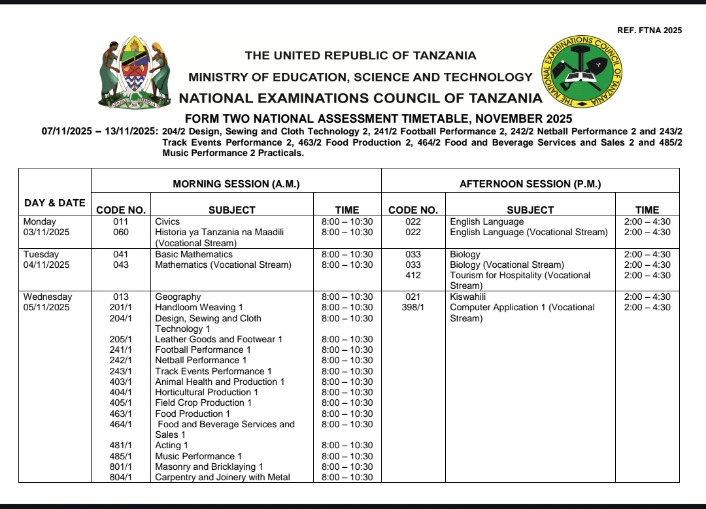 FTNA 2025 EXAM TIMETABLE 2025