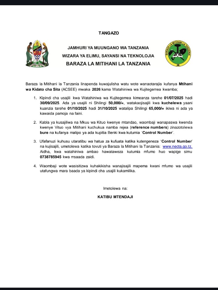 USAJILI WA WATAHINIWA WA KUJITEGEMEA ACSEE 2026